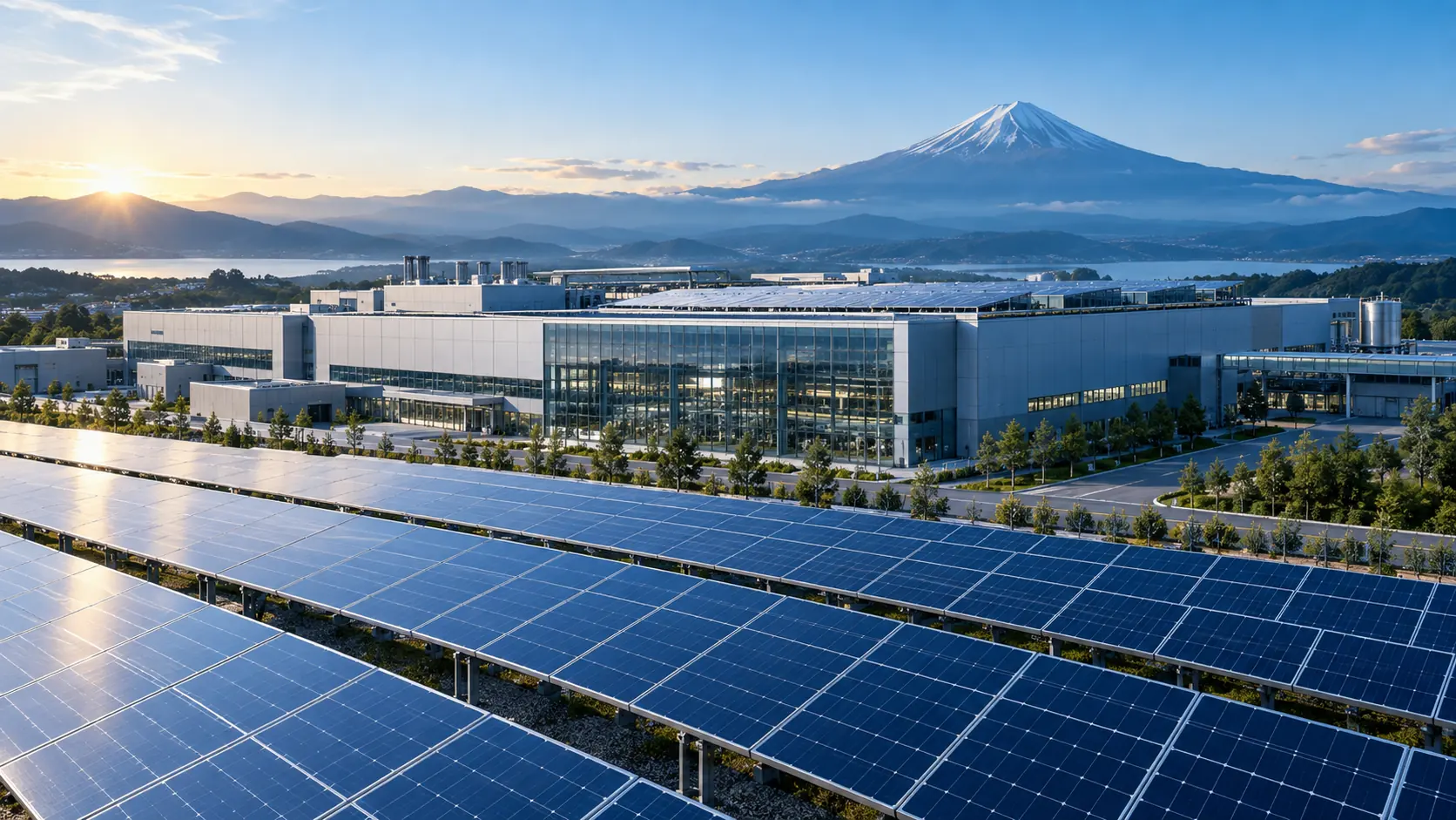 Solar manufacturing campus with photovoltaic panels and Mount Fuji in the distance